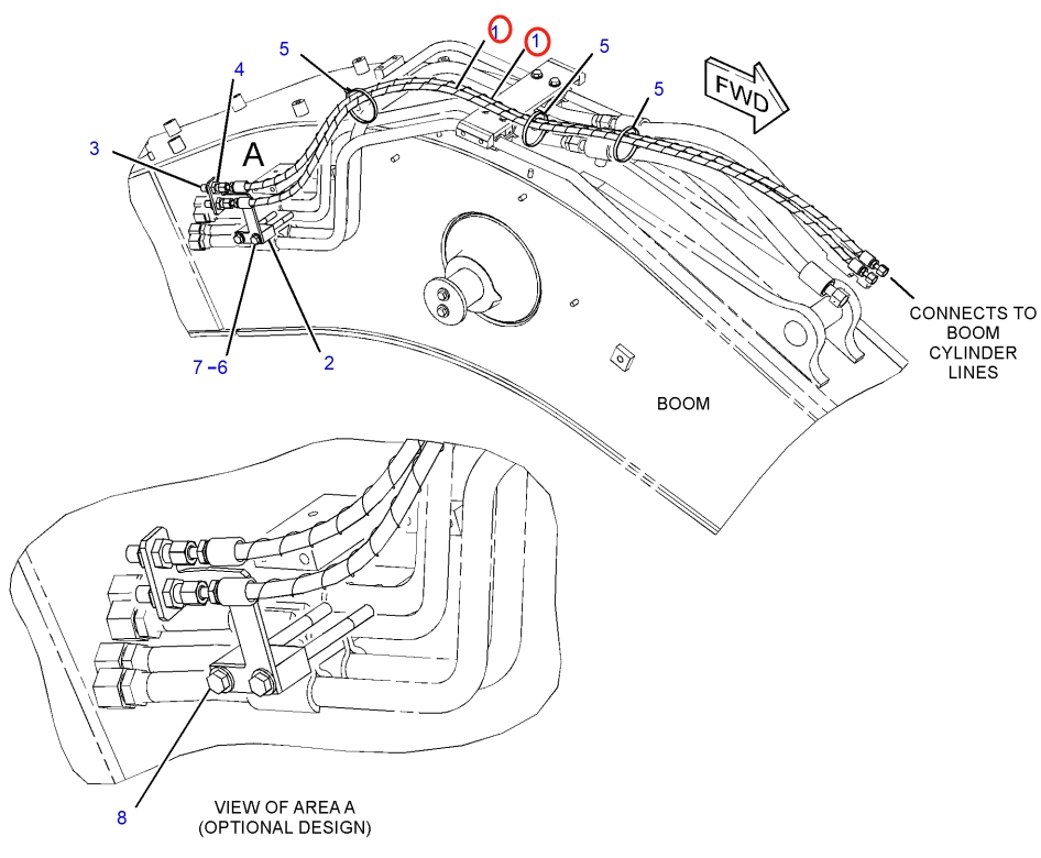 Caterpillar CAT®315F LCR installation diagram showing hydraulic hose 255-1737 at Pipe No. 1