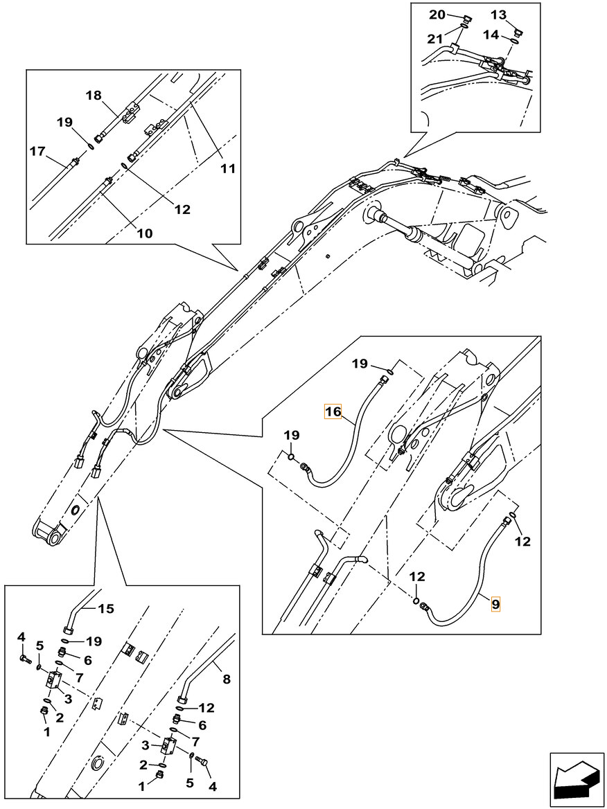 Case CX260C installation diagram showing hydraulic hose KRV19740 at Pipe No. 9