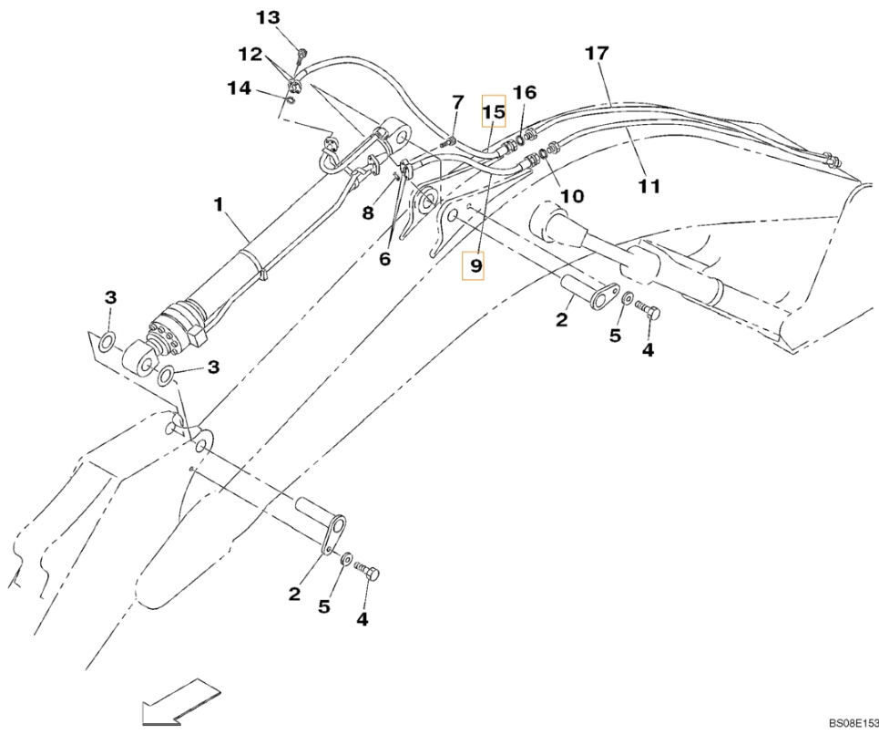 Case CX350B installation diagram showing hydraulic hose KSV17080 at Pipe No. 15