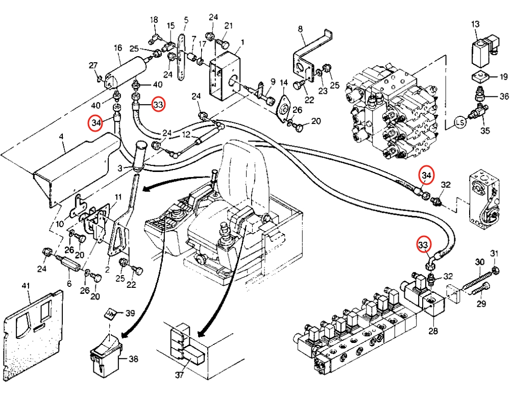 Caterpillar CAT®206B installation diagram showing hydraulic hose 8U-7090 at Pipe No. 34