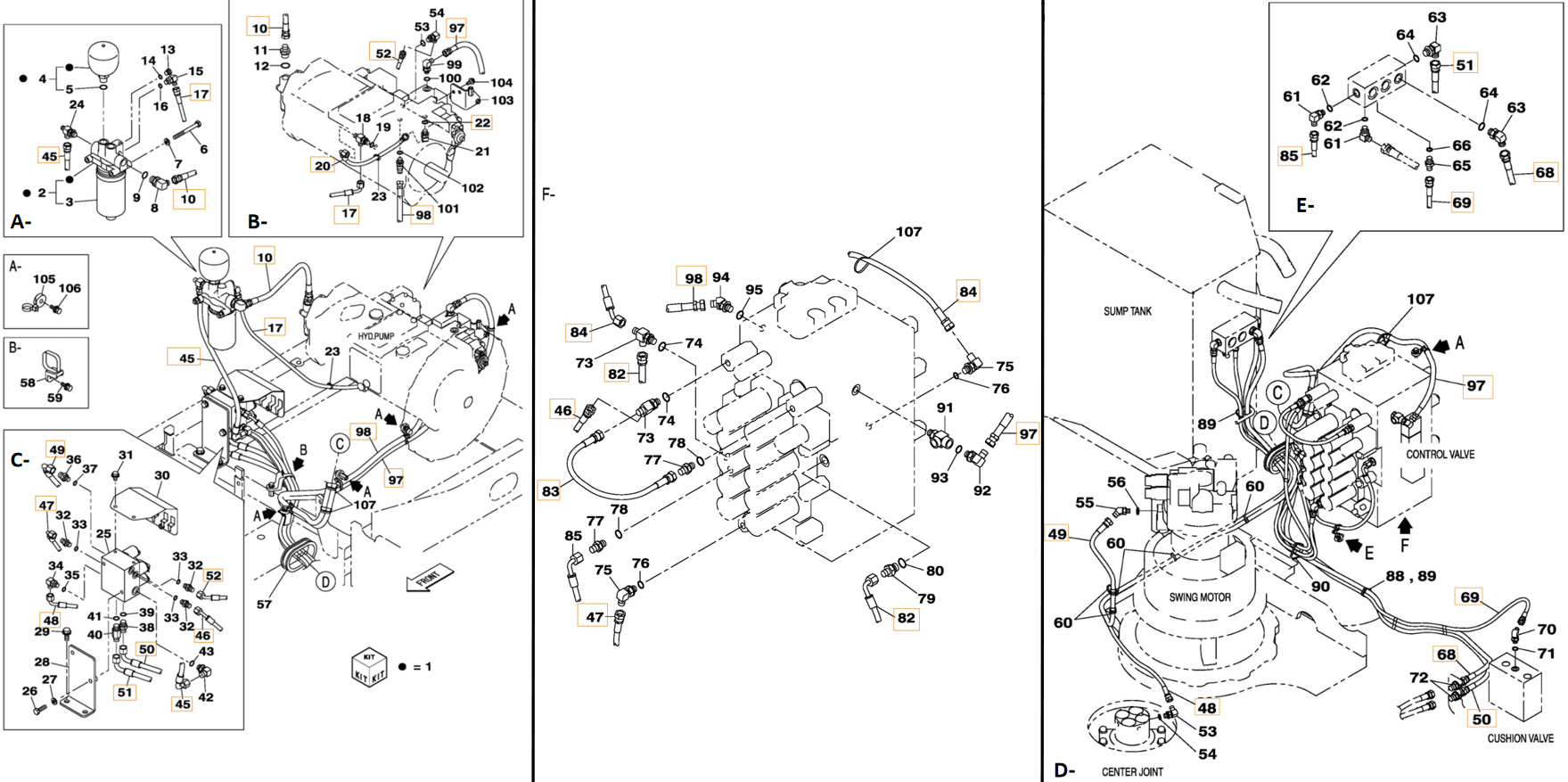 Case CX250C installation diagram showing hydraulic hose KHJ2190 at Pipe No. F83