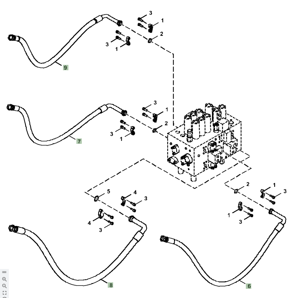 Hitachi ZX210LC-5A installation diagram showing hydraulic hose 9234888 at Pipe No. 9