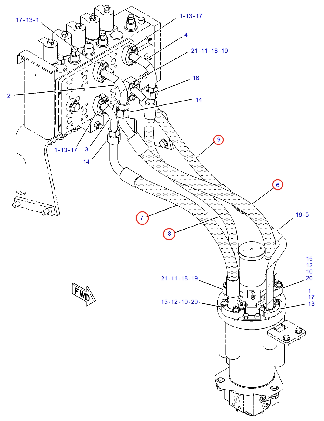Caterpillar CAT®M312 installation diagram showing hydraulic hose 148-7541 at Pipe No. 8