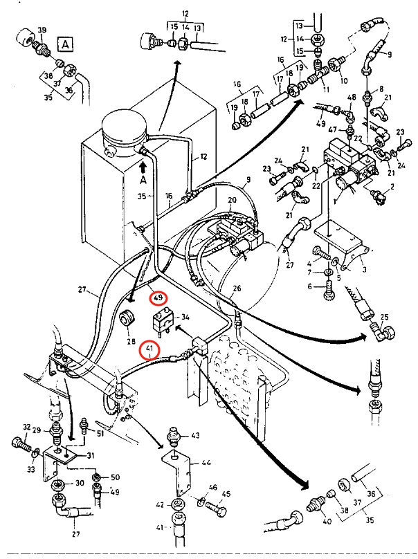 Caterpillar CAT®212 installation diagram showing hydraulic hose 5W-7143 at Pipe No. 49