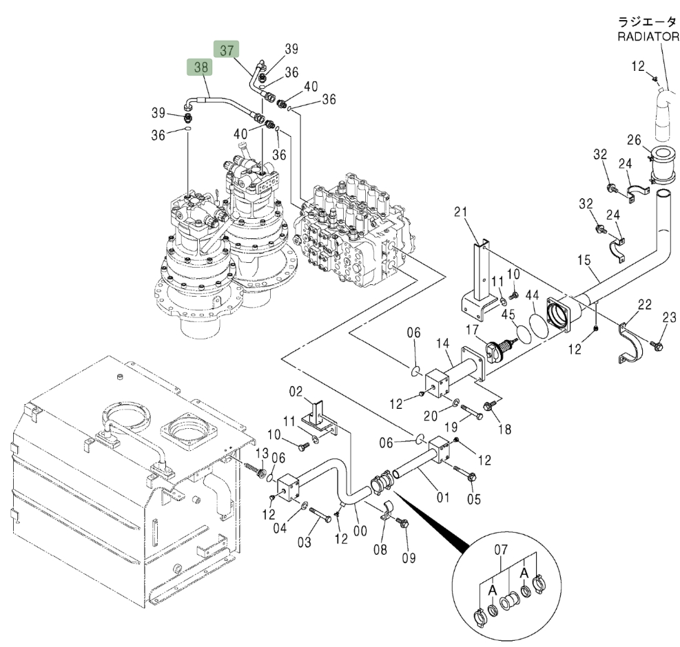 Hitachi ZX600LC installation diagram showing hydraulic hose 4323284 at Pipe No. 37