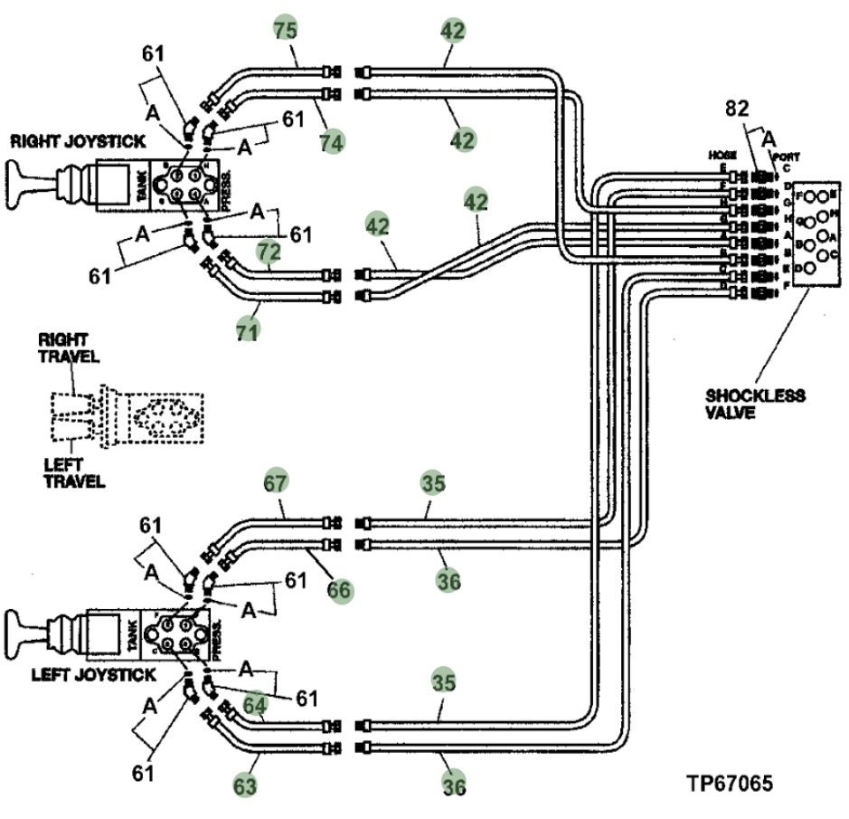 Hitachi EX330-5 installation diagram showing hydraulic hose 4351193 at Pipe No. 74