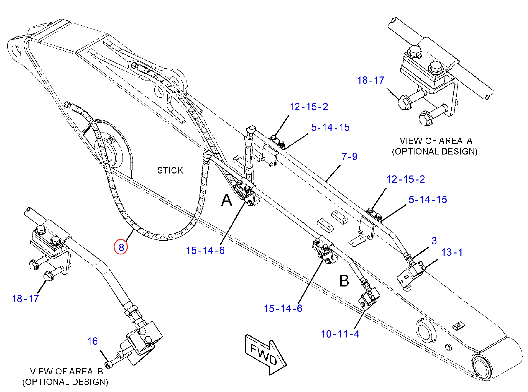 Caterpillar CAT®312D installation diagram showing hydraulic hose 288-7723 at Pipe No. 8