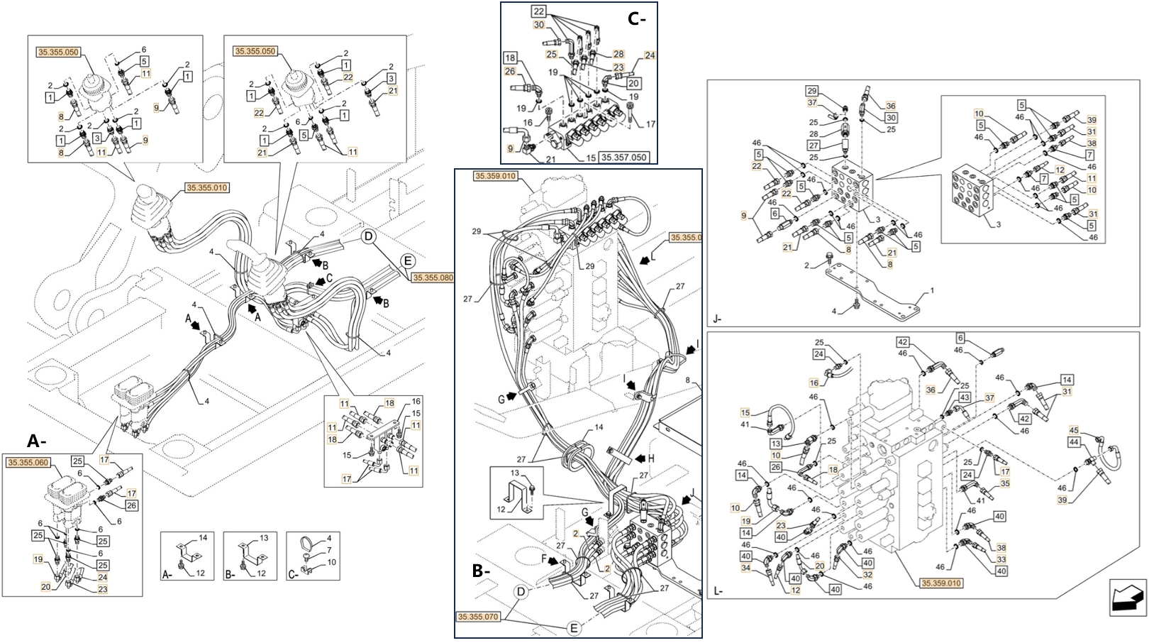 Case CX350D LC installation diagram showing hydraulic hose KHJ18020 at Pipe No. A23-L33