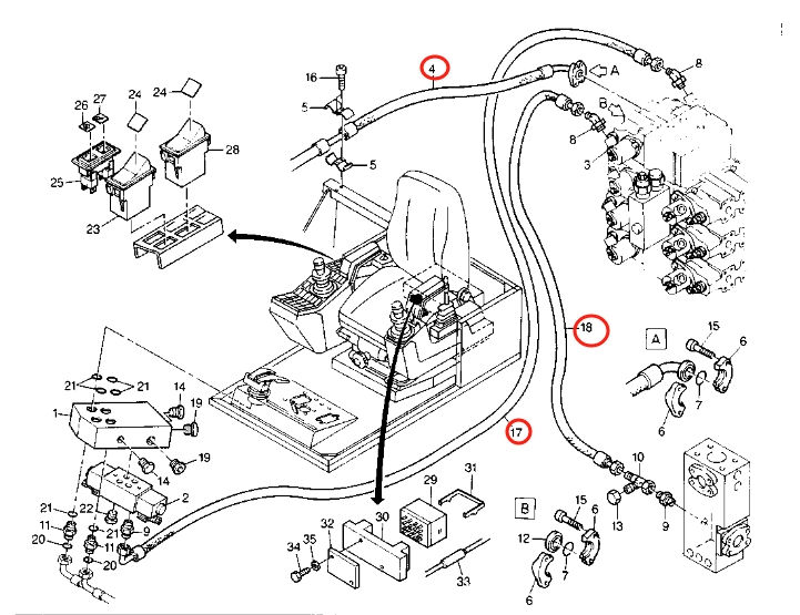 Caterpillar CAT®212B installation diagram showing hydraulic hose 8U-6521 at Pipe No. 18