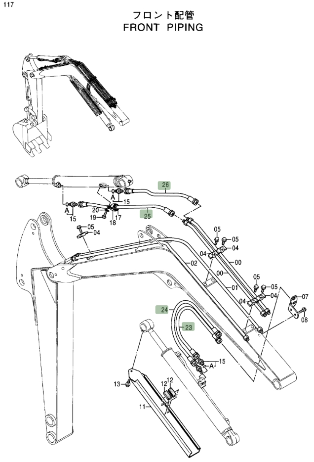 Hitachi EX17U installation diagram showing hydraulic hose 4453163 at Pipe No. 26