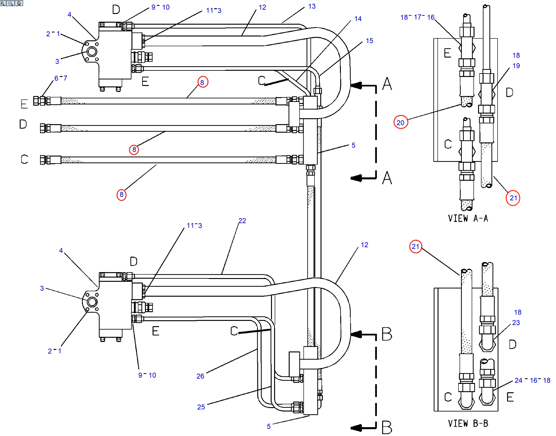 Caterpillar CAT®245B installation diagram showing hydraulic hose 8V-8128 at Pipe No. 8