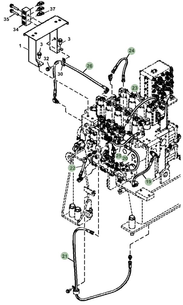 Hitachi ZX470LC-5G installation diagram showing hydraulic hose 4713501 at Pipe No. 20