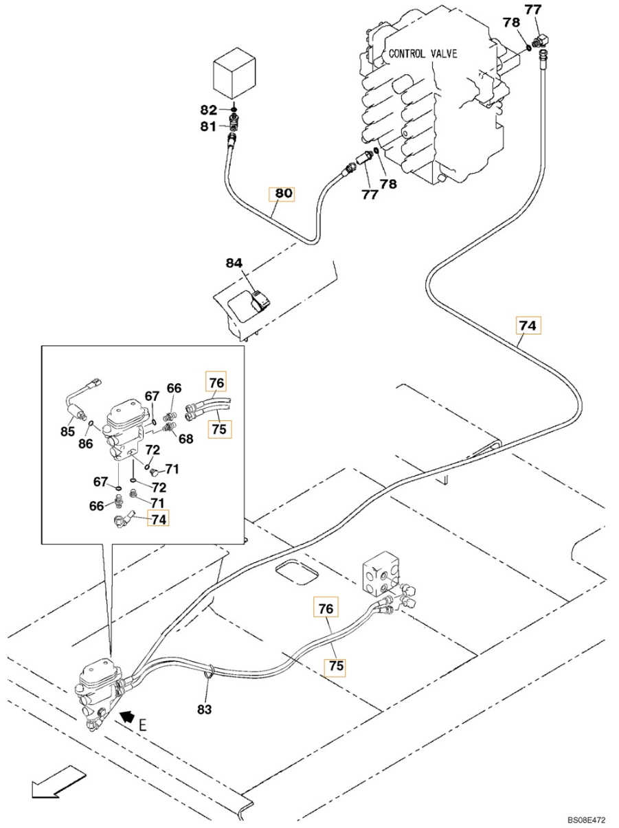 Case CX700B installation diagram showing hydraulic hose KHJ2050 at Pipe No. 75