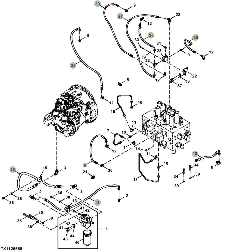 Hitachi ZX210-5N installation diagram showing hydraulic hose 4249348 at Pipe No. 27