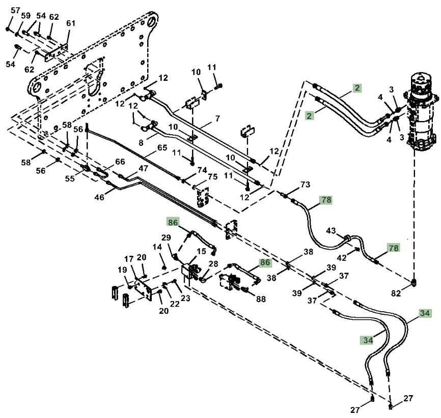 Hitachi ZX190W-6N installation diagram showing hydraulic hose 4436269 at Pipe No. 86