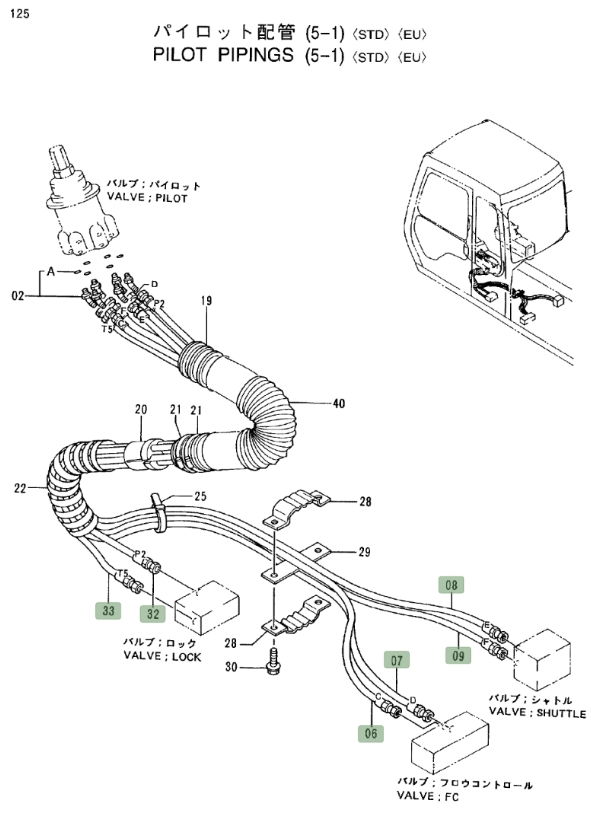Hitachi EX550LC-3 installation diagram showing hydraulic hose 4287097 at Pipe No. 7