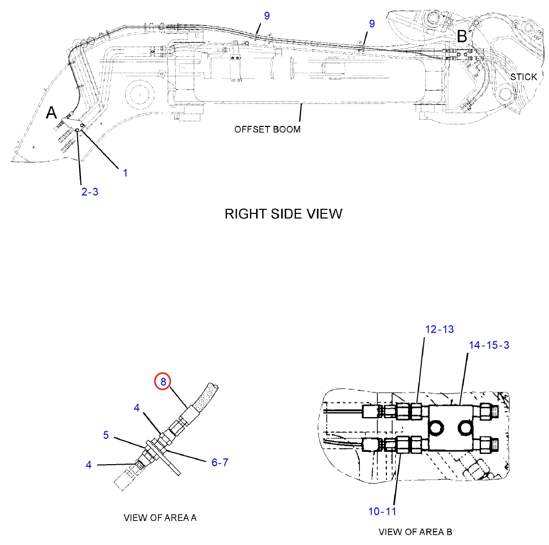 Caterpillar CAT®314D LCR installation diagram showing hydraulic hose 227-0361 at Pipe No. 8