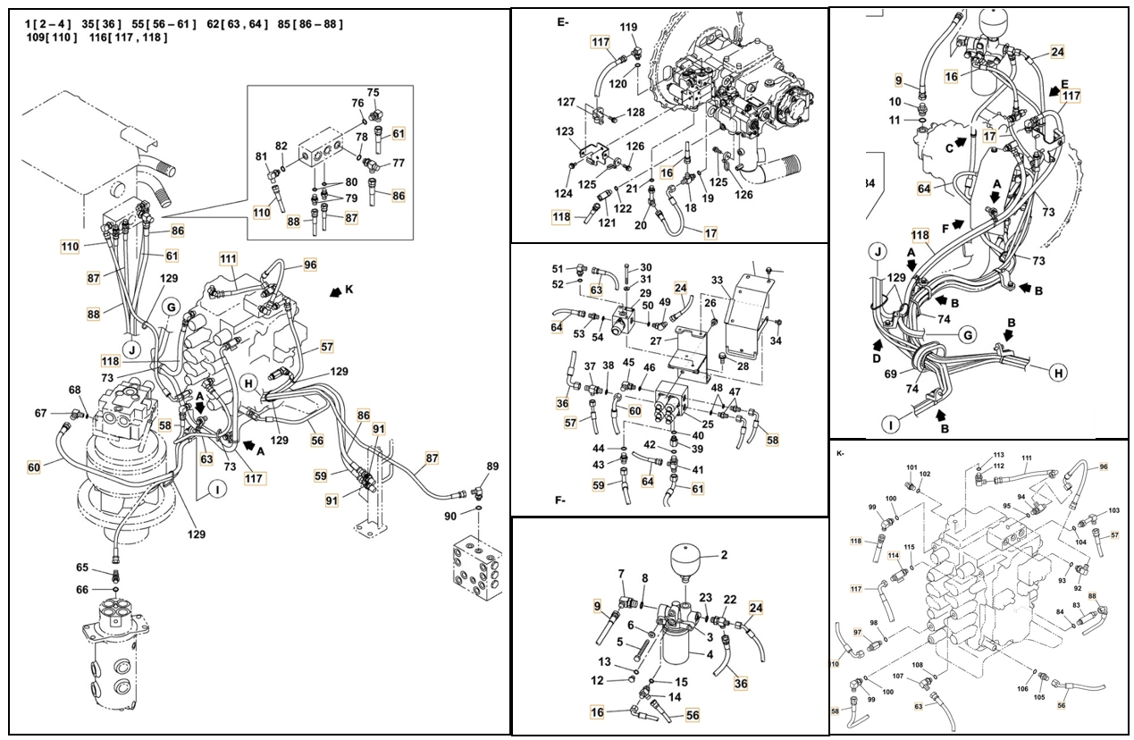 Case CX130C-8 installation diagram showing hydraulic hose KHJ2068 at Pipe No. 63