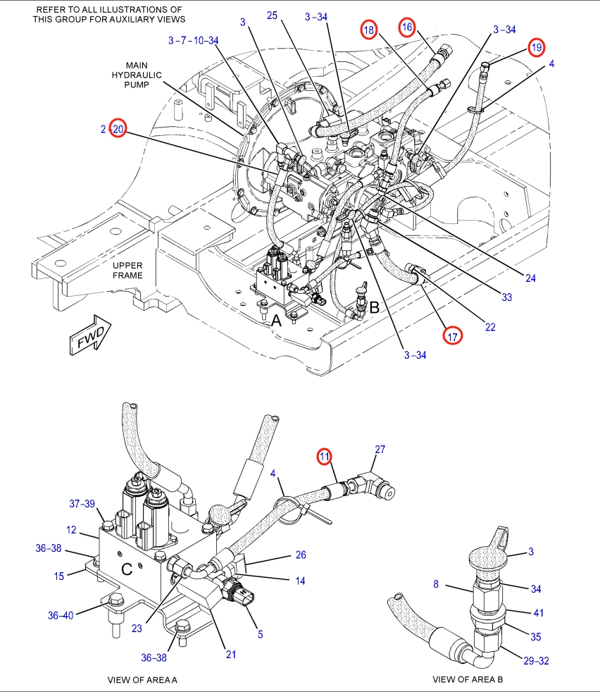Caterpillar CAT®316E L installation diagram showing hydraulic hose 350-0833 at Pipe No. 18