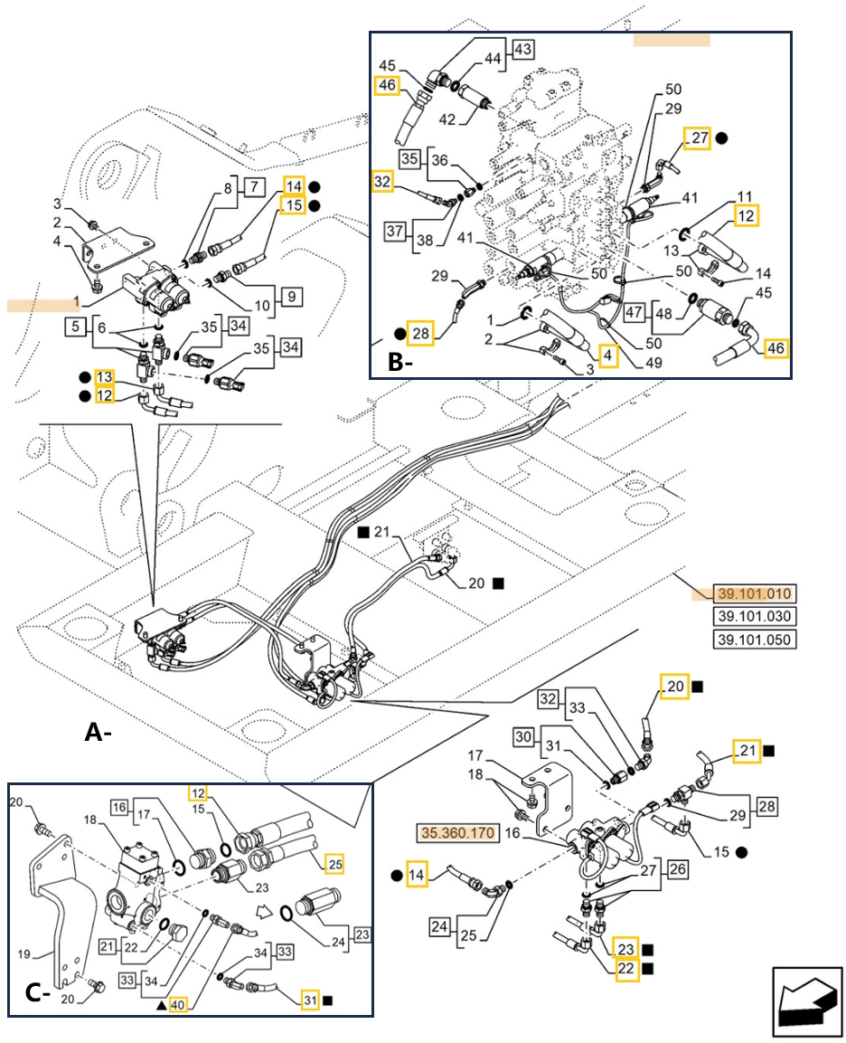 Case CX210E LC installation diagram showing hydraulic hose KHJ14650 at Pipe No. A21