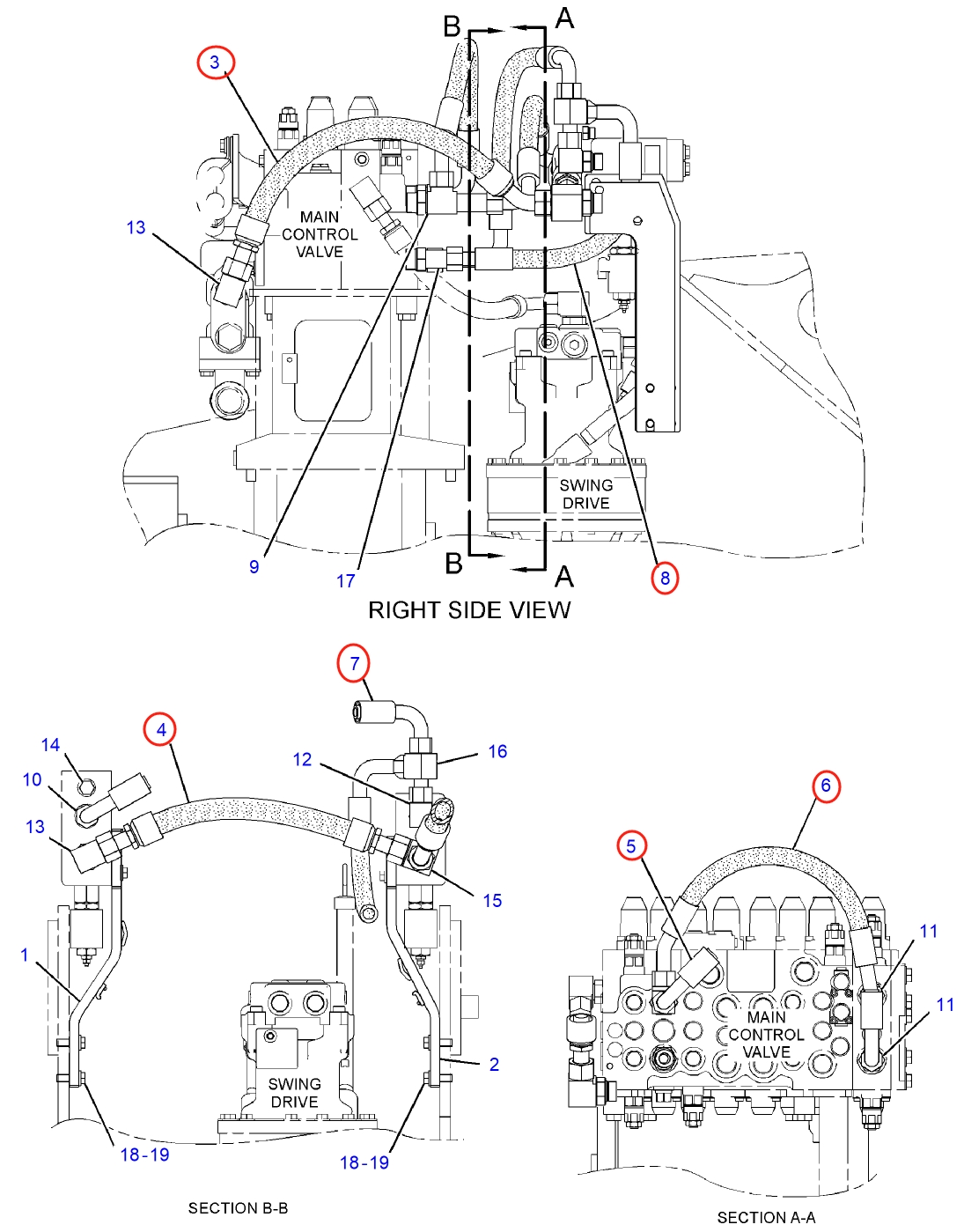 Caterpillar CAT®312F installation diagram showing hydraulic hose 381-5866 at Pipe No. 4