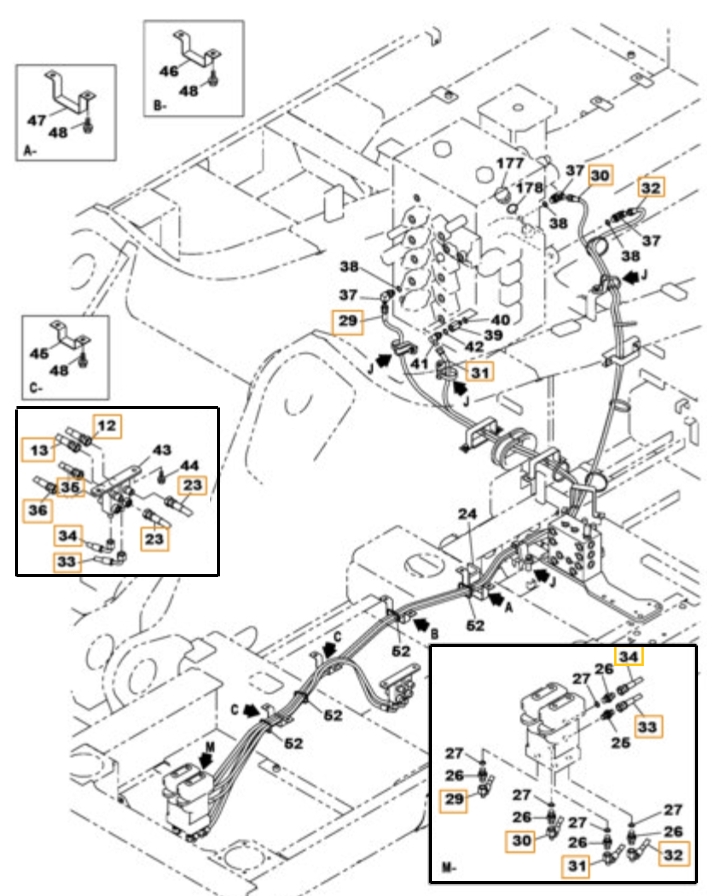 Case CX470C installation diagram showing hydraulic hose KHJ12230 at Pipe No. 32