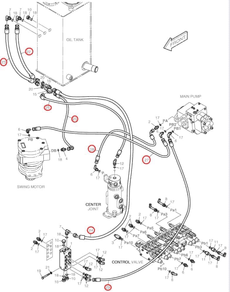 Doosan DX30Z installation diagram showing hydraulic hose DS2093300 at Pipe No. 23