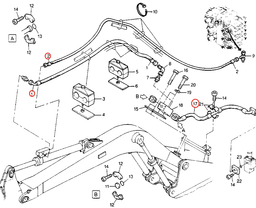 Caterpillar CAT®206B installation diagram showing hydraulic hose 8U-7521 at Pipe No. 17