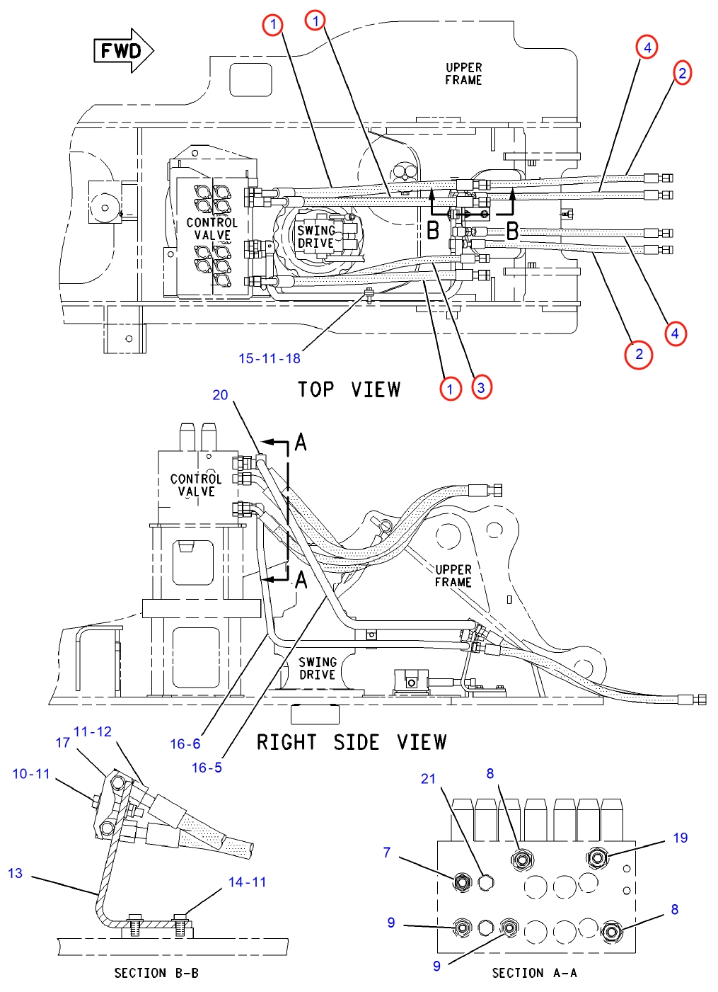 Caterpillar CAT®312C L installation diagram showing hydraulic hose 187-7173 at Pipe No. 4