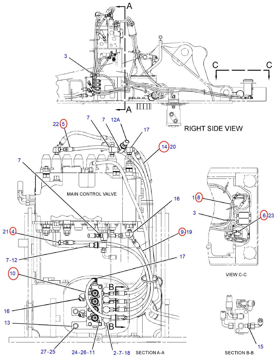 Caterpillar CAT®312E installation diagram showing hydraulic hose 087-5761 at Pipe No. 5
