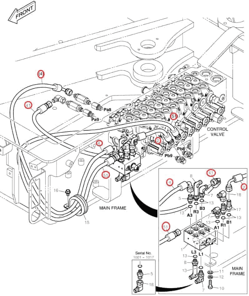 Doosan DX62R-3 installation diagram showing hydraulic hose DS2093193 at Pipe No. 4