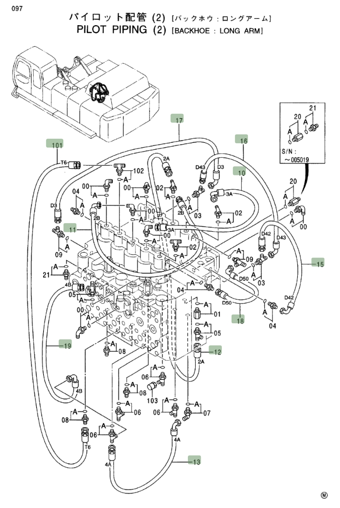 Hitachi EX750-5 installation diagram showing hydraulic hose 4375855 at Pipe No. 12