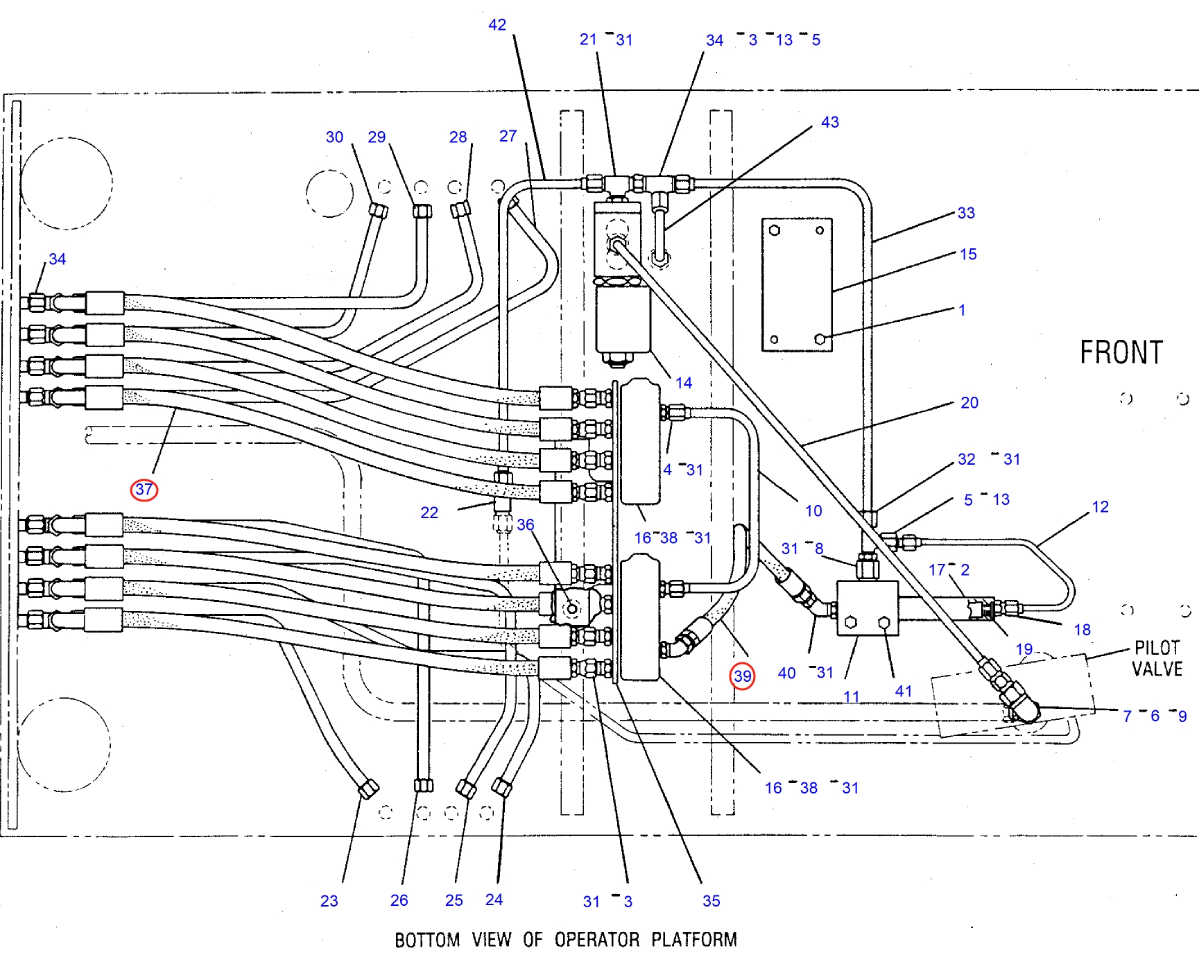 Caterpillar CAT®245B installation diagram showing hydraulic hose 7V-1038 at Pipe No. 39
