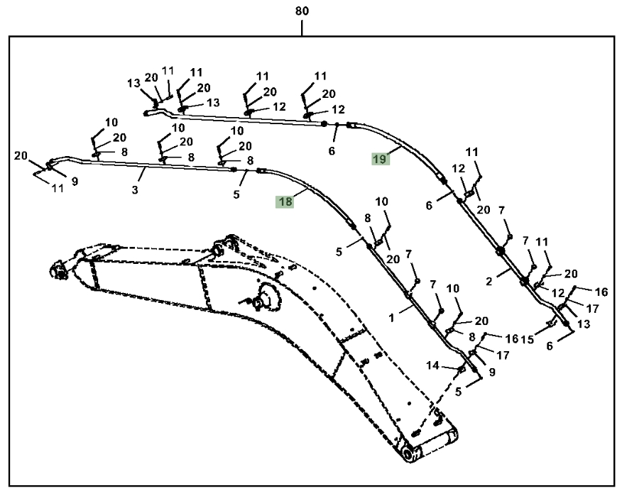 Hitachi ZX350LC-5N installation diagram showing hydraulic hose 4650840 at Pipe No. 19