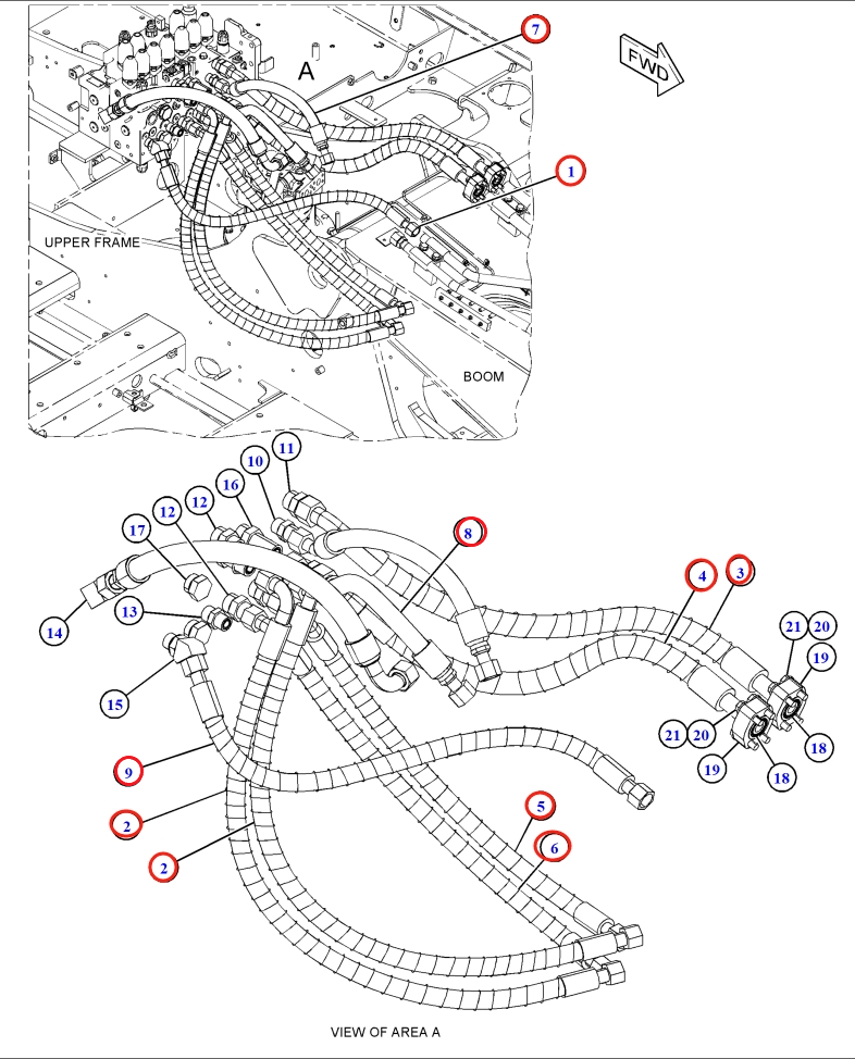 Caterpillar CAT®318F installation diagram showing hydraulic hose 187-5954 at Pipe No. 1