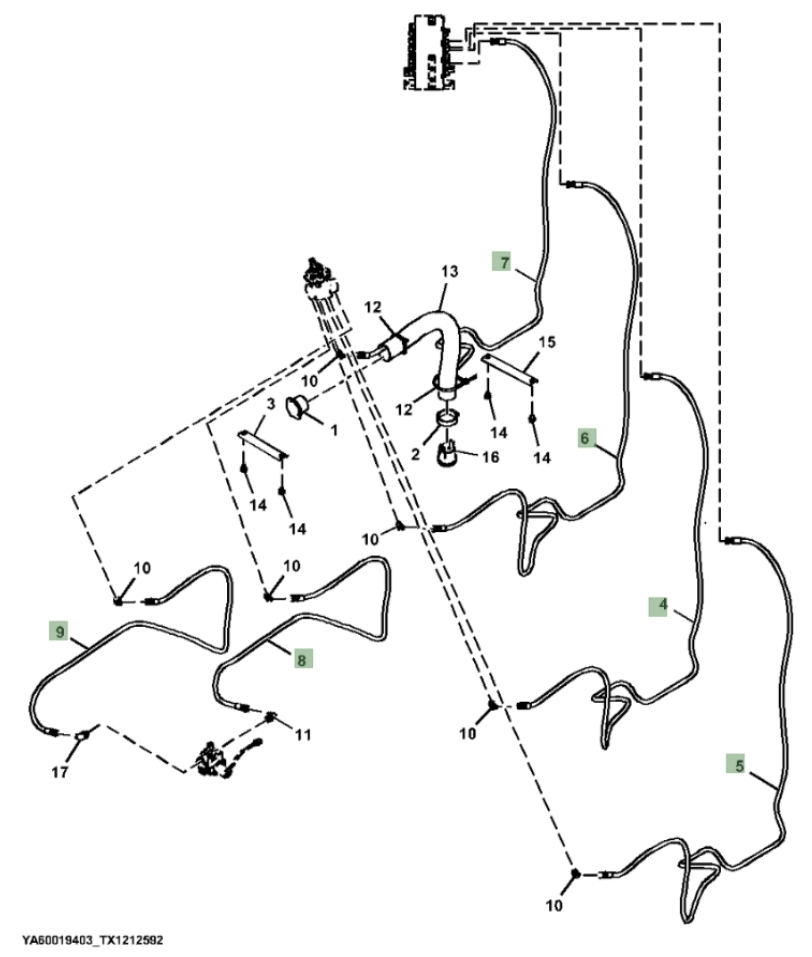 Hitachi ZX260FLC-FE-6N installation diagram showing hydraulic hose 4707585 at Pipe No. 9