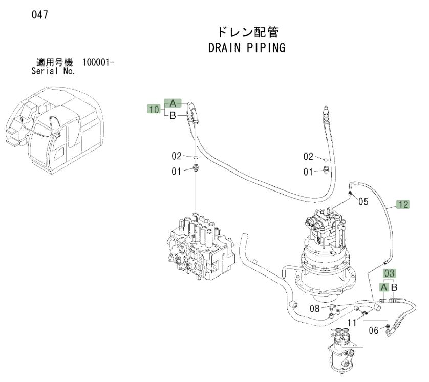 Hitachi ZX225USLC installation diagram showing hydraulic hose 4420423 at Pipe No. 3A