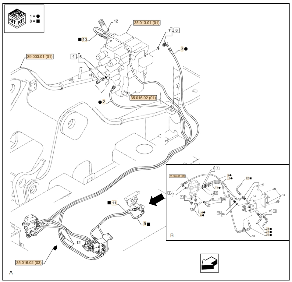 Case CX130C installation diagram showing hydraulic hose KHJ16300 at Pipe No. A10-B24