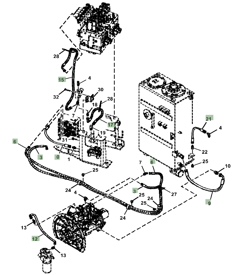 Hitachi ZX135US-6N installation diagram showing hydraulic hose 4445276 at Pipe No. 21