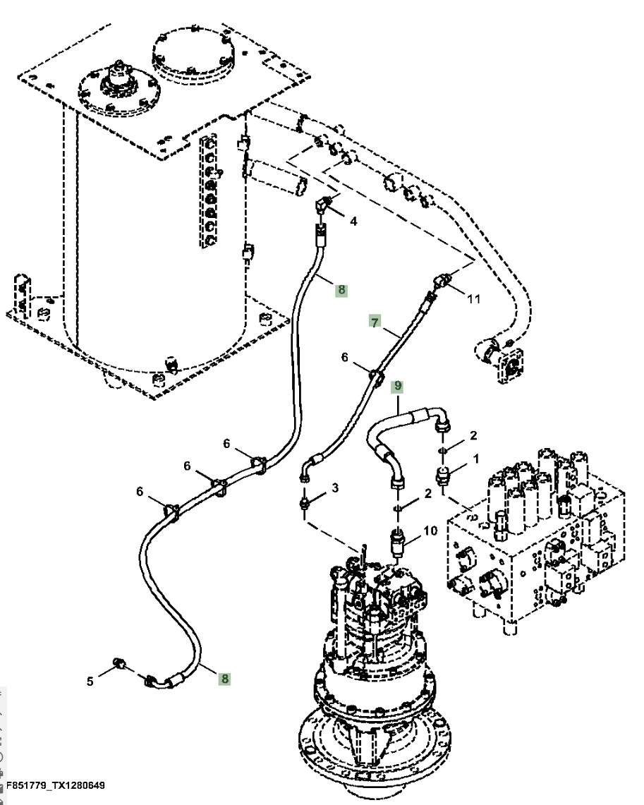 Hitachi ZX210LC-5A installation diagram showing hydraulic hose 4334456 at Pipe No. 8