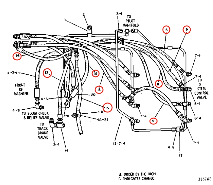 Caterpillar CAT®215 installation diagram showing hydraulic hose 3V-1330 at Pipe No. 16