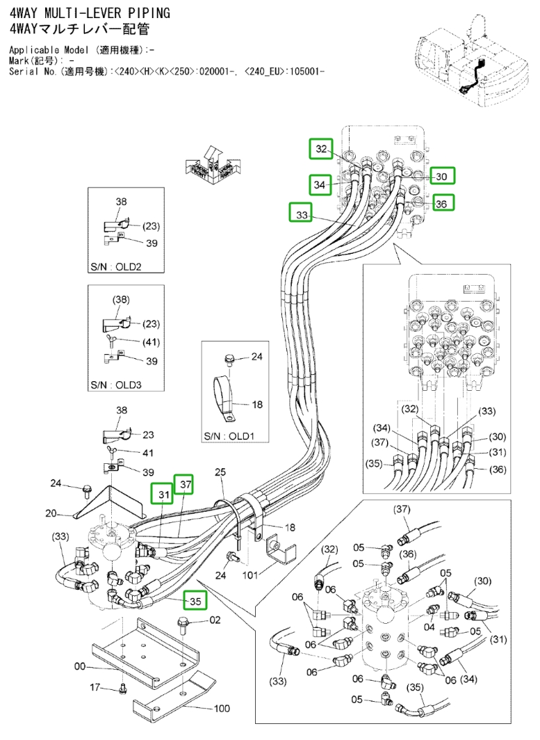 Hitachi ZX240LC-3 installation diagram showing hydraulic hose 4667441 at Pipe No. 32