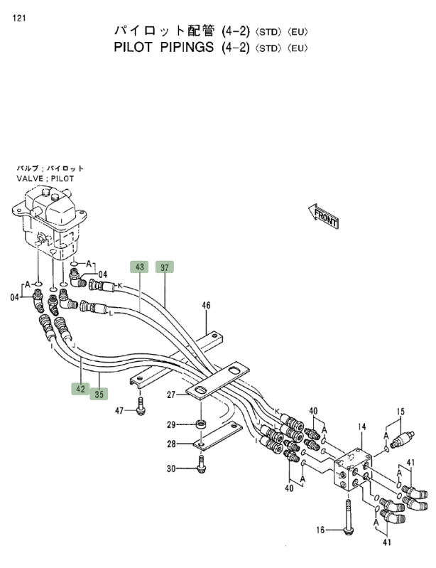 Hitachi EX550LC-3 installation diagram showing hydraulic hose 4360932 at Pipe No. 42