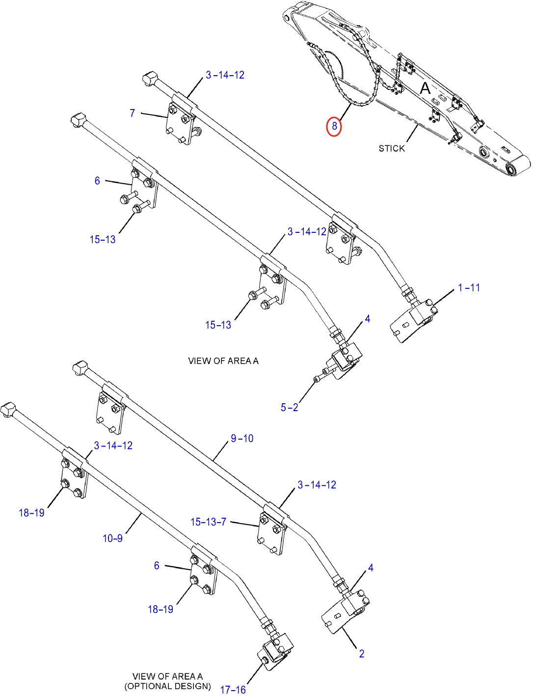 Caterpillar CAT®314E LCR installation diagram showing hydraulic hose 372-9830 at Pipe No. 8