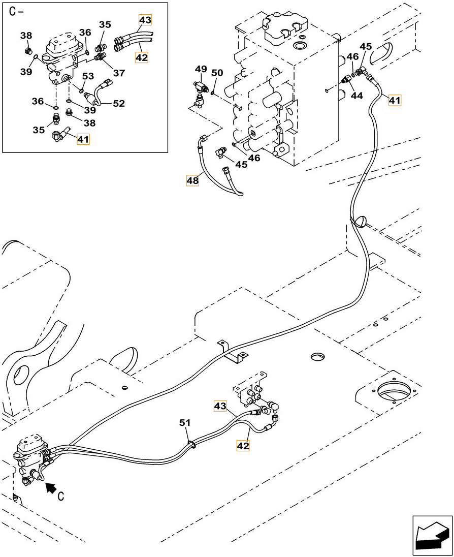 Case CX260C installation diagram showing hydraulic hose KHJ2092 at Pipe No. 42