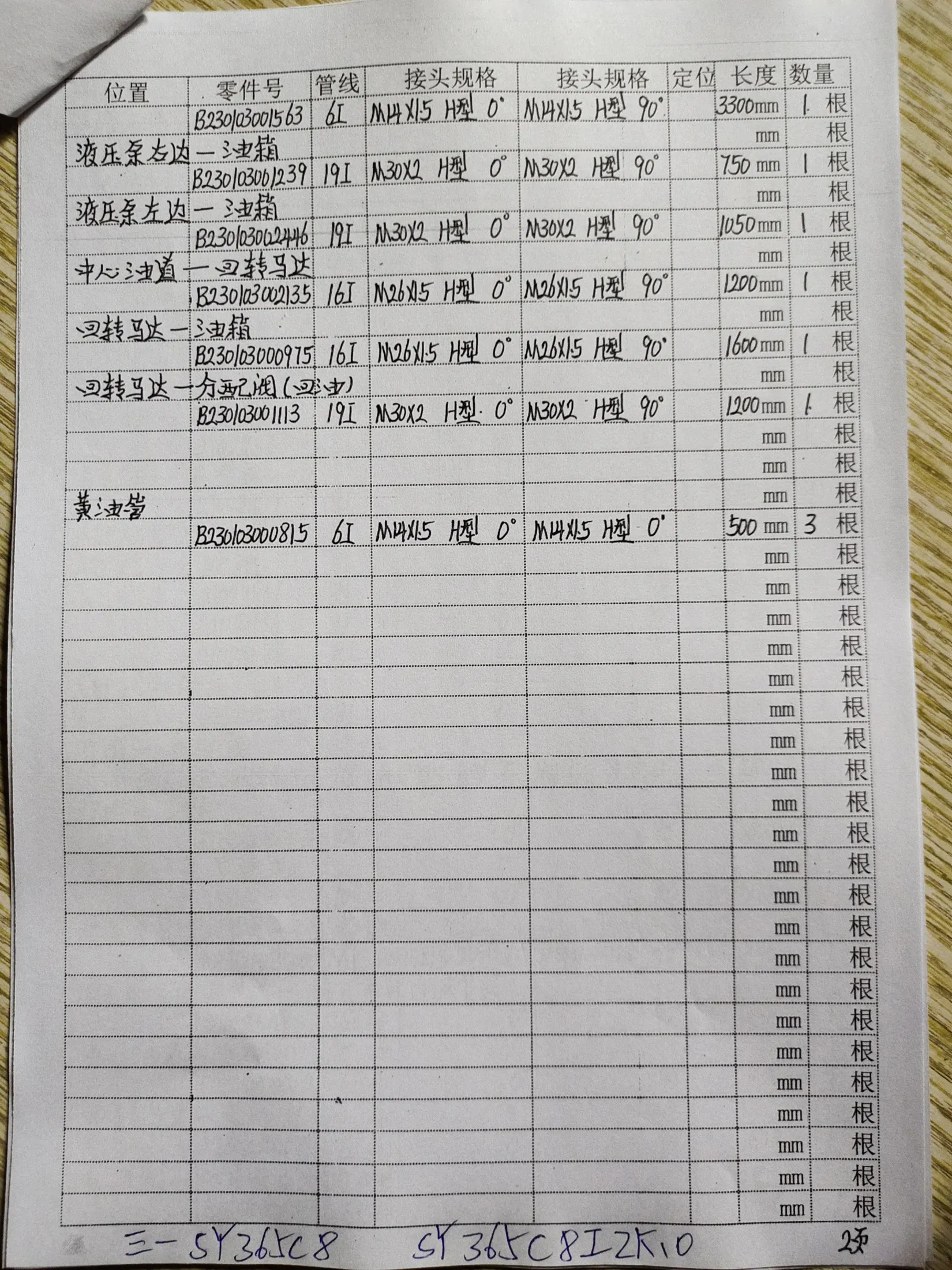 SANY SY365C8 hydraulic hose part numbers and recorded lengths — technician notebook page 2 of 5 — recorded hose parts B23003000815, B23003000975161, B23003001563