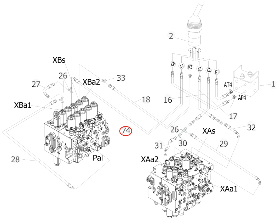 Sunward SWE205E-3H installation diagram showing hydraulic hose 730501006844 at Pipe No. 74