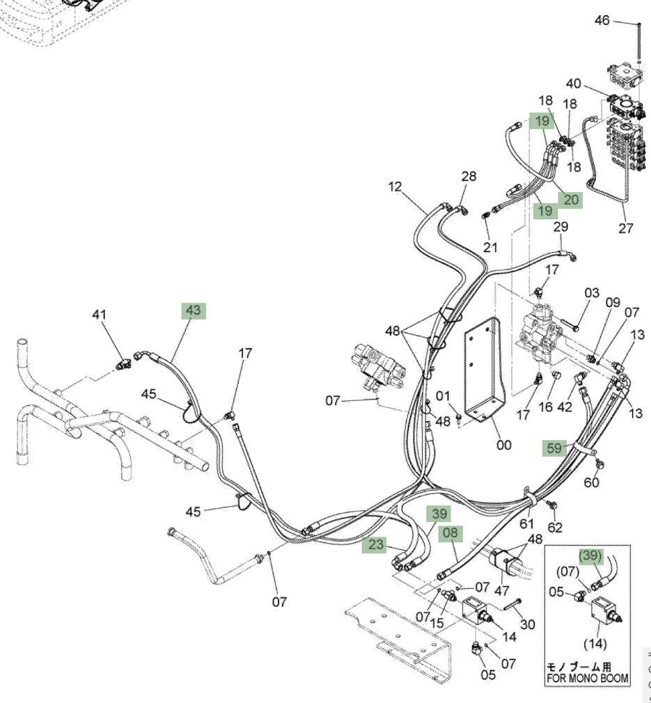Hitachi ZX210W-3 installation diagram showing hydraulic hose 4664475 at Pipe No. 28A