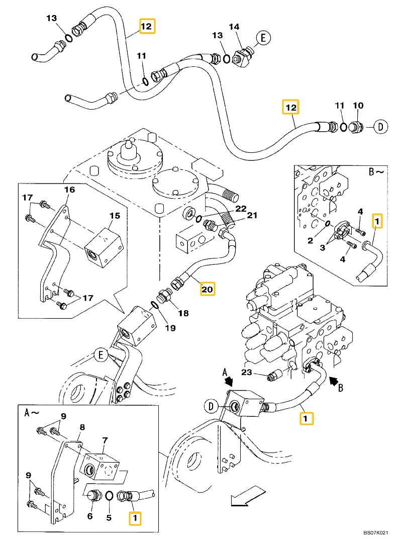 Case CX130B installation diagram showing hydraulic hose KEJ0397 at Pipe No. 20