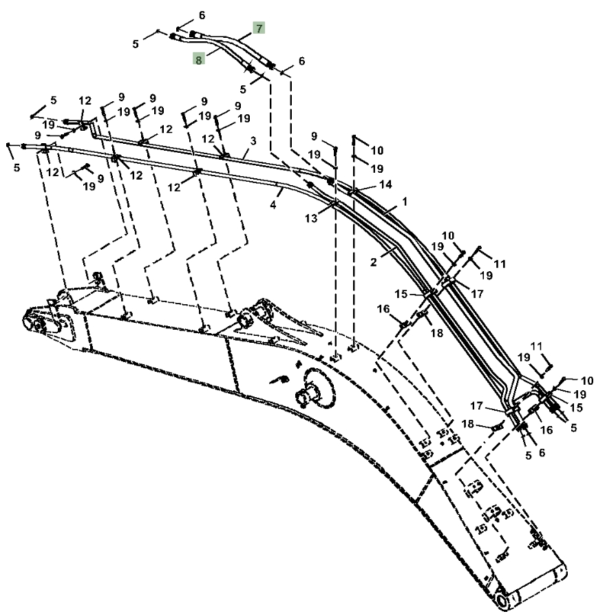 Hitachi ZX210-5A installation diagram showing hydraulic hose 4676587 at Pipe No. 7